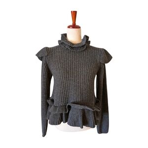 Ganni Gray Ribbed & Ruffled Sweater